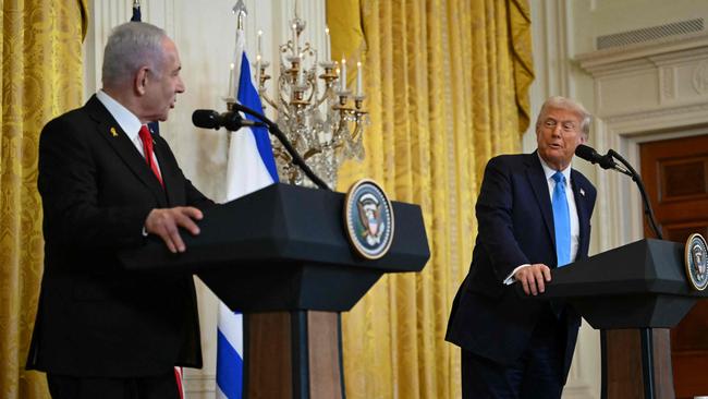 Israel's Prime Minister Benjamin Netanyahu and US President Donald Trump and Israel's Prime Minister Benjamin Netanyahu hold a press conference in the East Room of the White House. Picture: Andrew Caballero-Reynolds/AFP