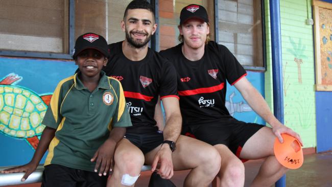 Adam Saad and Aaron Francis in Arnhem Land as part of the club’s ‘Right of Passage’ camp. Picture: NATALIE MacGREGOR