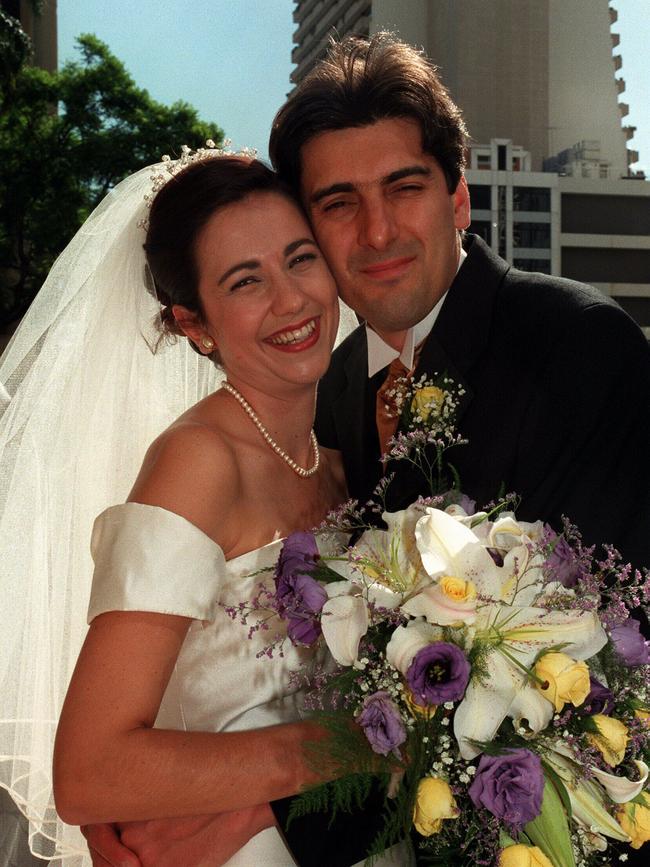 Annastacia Palaszczuk and George Megalogenis on their wedding day in 1996. Picture: Phil Norrish