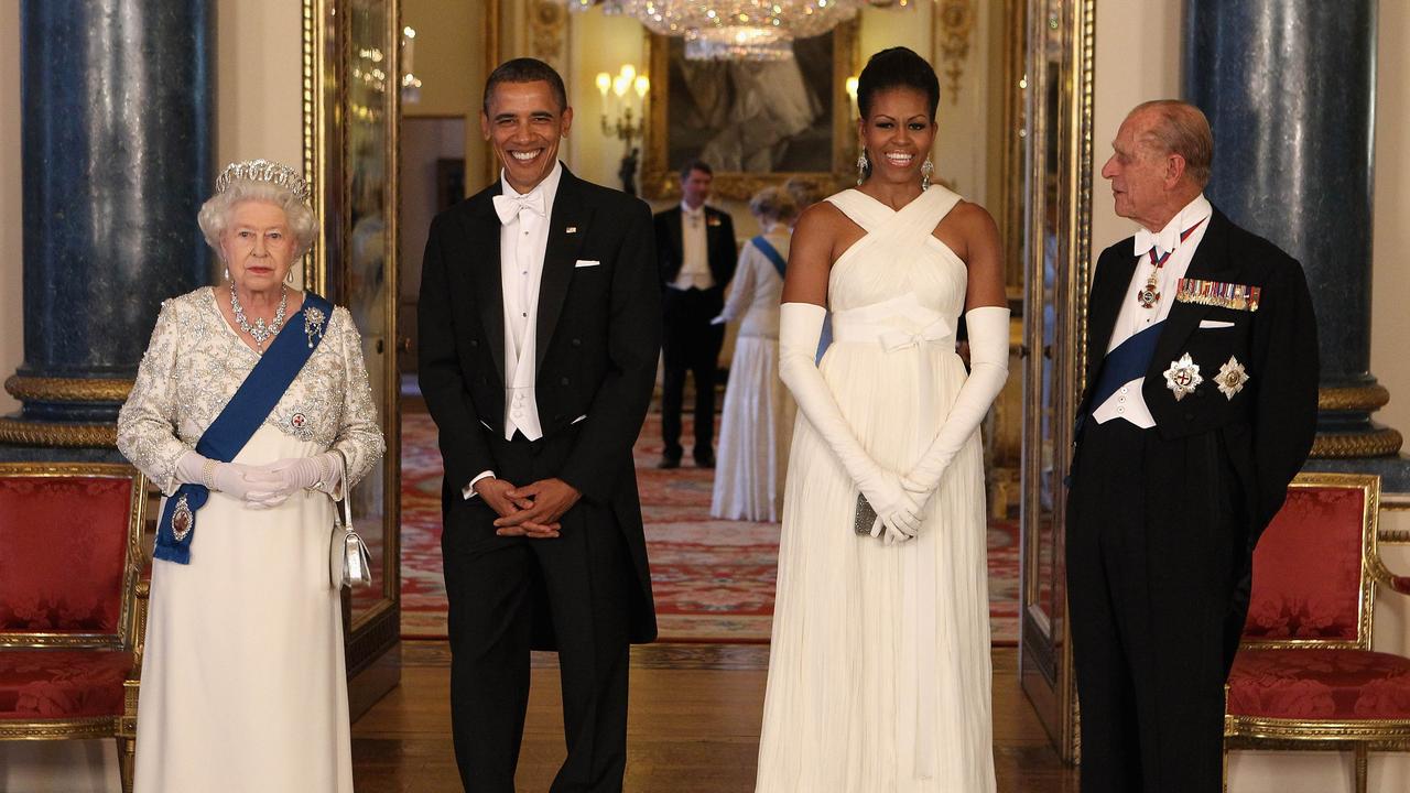 The 44th President of the United States, Barack Obama, and his wife Michelle, with Queen Elizabeth and Prince Philip on May 24, 2011, in the Music Room of Buckingham Palace ahead of a State Banquet. Picture: AFP