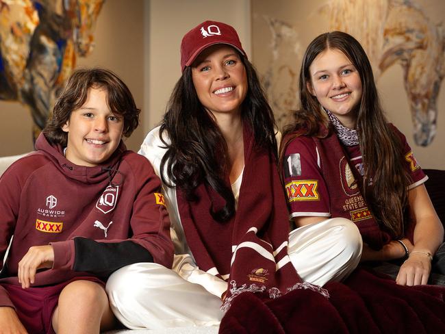 MELBOURNE, JUNE 24, 2024: *DO NOT USE WITHOUT SPEAKING TO CAM TANDY* Nicole Slater at home with her children Jake and Tyla ahead Billy coaching State of Origin Wednesday night at the MCG. Picture: Mark Stewart