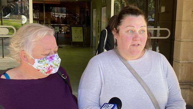 Kathryn Evans and Katie Cook, the mother and sister of Adrian Hobinchet speak outside court following the sentencing of Jayson Ramsay. Picture: Mitch Mott