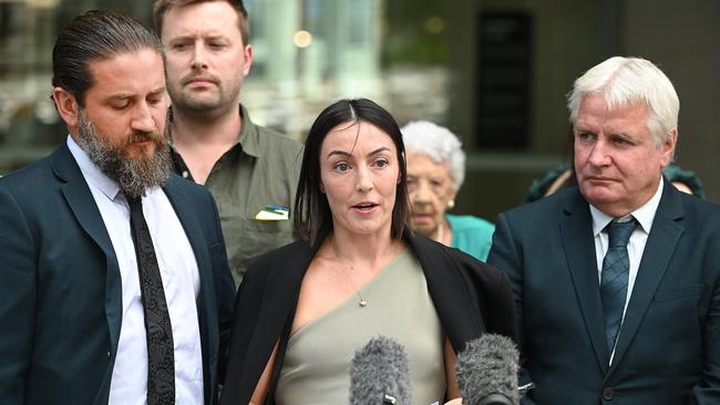 Ms Wilkinson’s sister Danielle Carroll, with husband Reece and her father Reg, said Johnston was ‘pure evil’. Picture: NCA NewsWire / John Gass