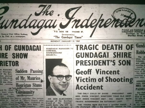 The Gundagai Independent newspaper report covering the death of Geoffrey Vincent.