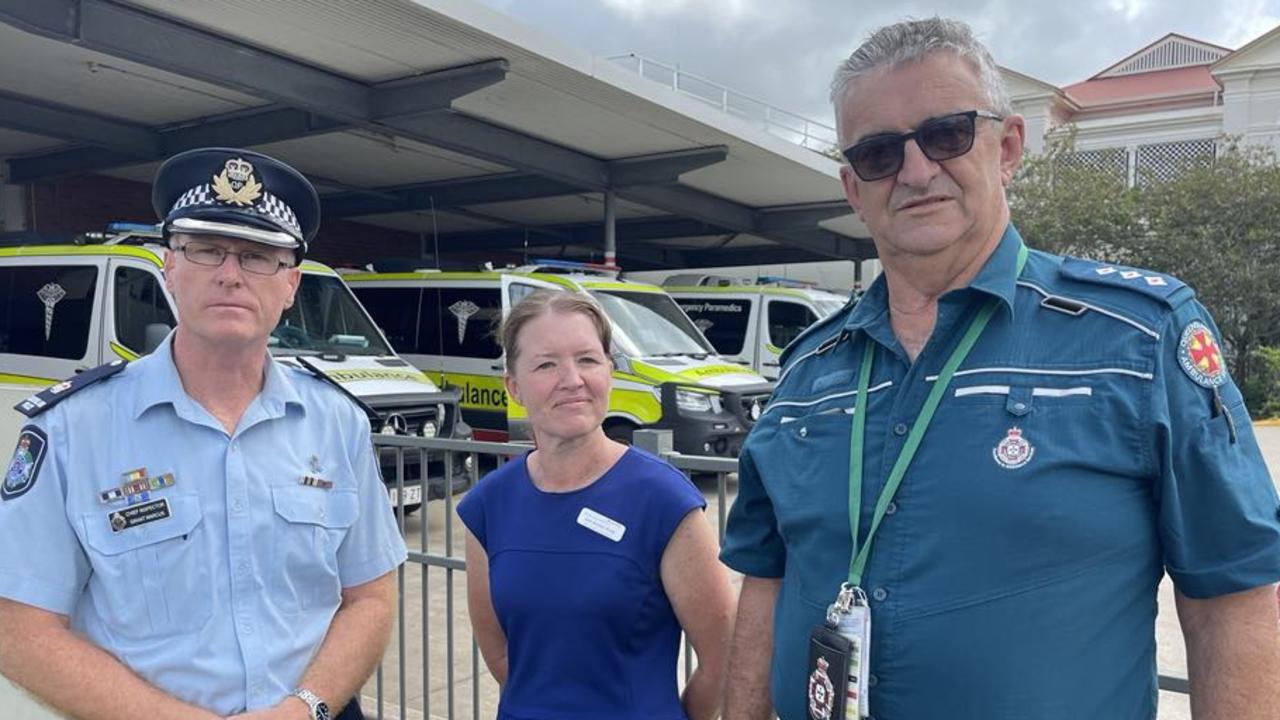 Bundaberg Police Chief Inspector Grant Marcus (left) with Jan Adele Hotz of the Wide Bay Hospital and Health Service and for Queensland Ambulance Service Wide Bay senior operations supervisor Martin Kelly on the recent e-scooter incident which left a young Bundaberg man in a critical condition.