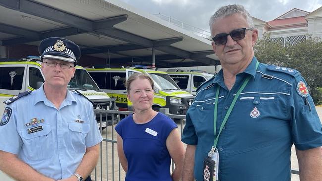 Bundaberg Police Chief Inspector Grant Marcus (left) with Jan Adele Hotz of the Wide Bay Hospital and Health Service and for Queensland Ambulance Service Wide Bay senior operations supervisor Martin Kelly on the recent e-scooter incident which left a young Bundaberg man in a critical condition.