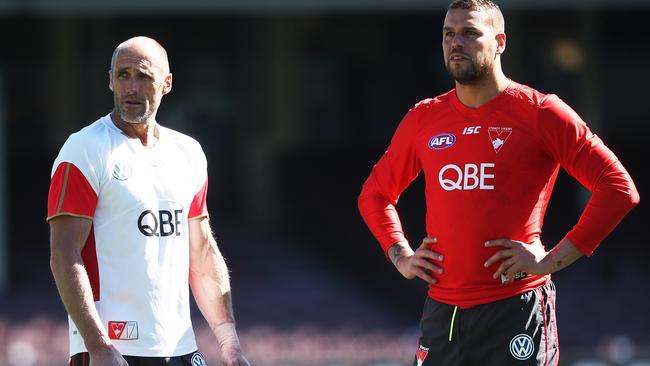 Tony Lockett with Lance Franklin during Sydney Swans training. Picture. Phil Hillyard