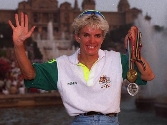 Cyclist Kathy Watt with gold and silver medals that she won at the 1992 Olympic Games at Barcelona.