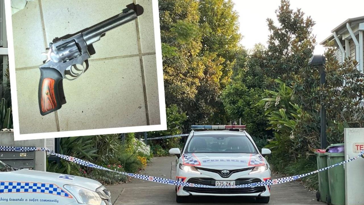 Police at the scene of a six-hour standoff at a Park St, Newtown address and (inset) the gun recovered at the home after two men were taken into custody.