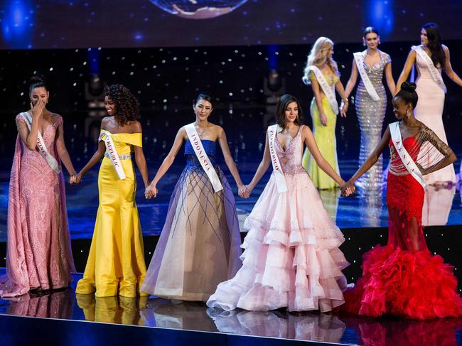 Finalists Miss Philippines Catriona Elisa Gray; Miss Dominican Republic Yaritza Miguelina Reyes Ramirez; Miss Indonesia Natasha Mannuela; Miss Puerto Rico Stephanie Del Valle; and Miss Kenya Evelyn Njambi Thungu are pictured on stage during the Grand Final of the Miss World 2016 pageant at the MGM National Harbor December 18, 2016 in Oxon Hill, Maryland. Picture: AFP