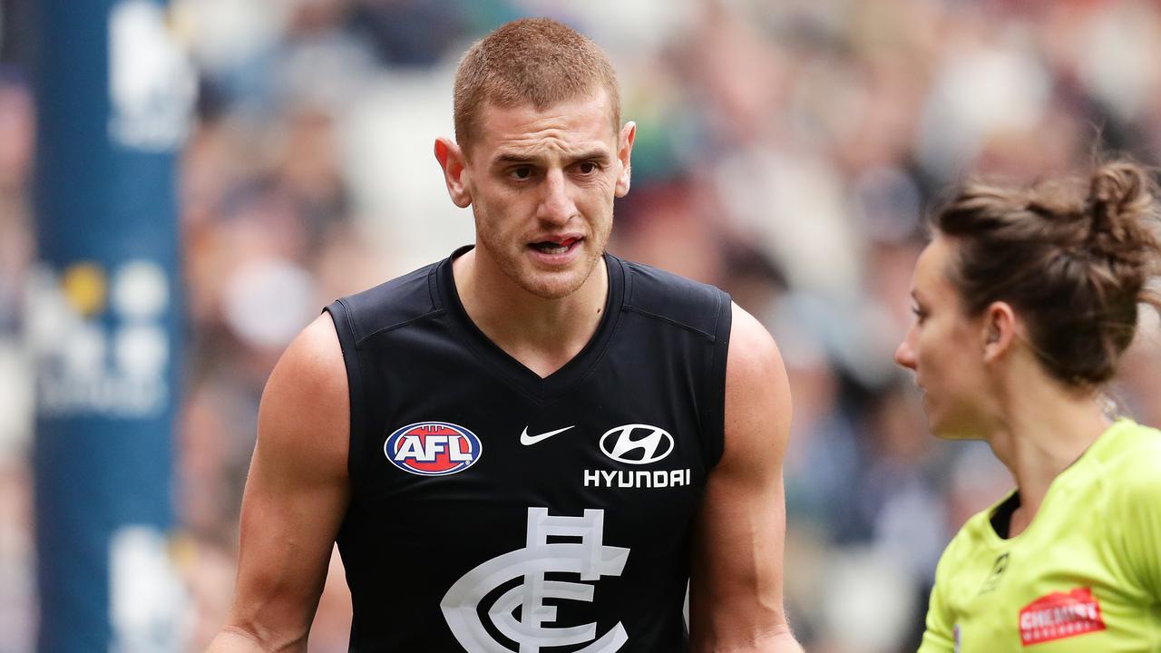 MELBOURNE, AUSTRALIA - JULY 27: Liam Jones of the Blues questions an umpire during the round 19 AFL match between the Carlton Blues and the Adelaide Crows at Melbourne Cricket Ground on July 27, 2019 in Melbourne, Australia. (Photo by Matt King/Getty Images)