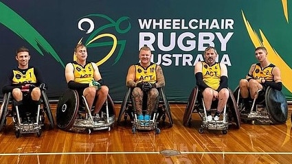 Tye Angland (far left) ahead of a wheelchair rugby game