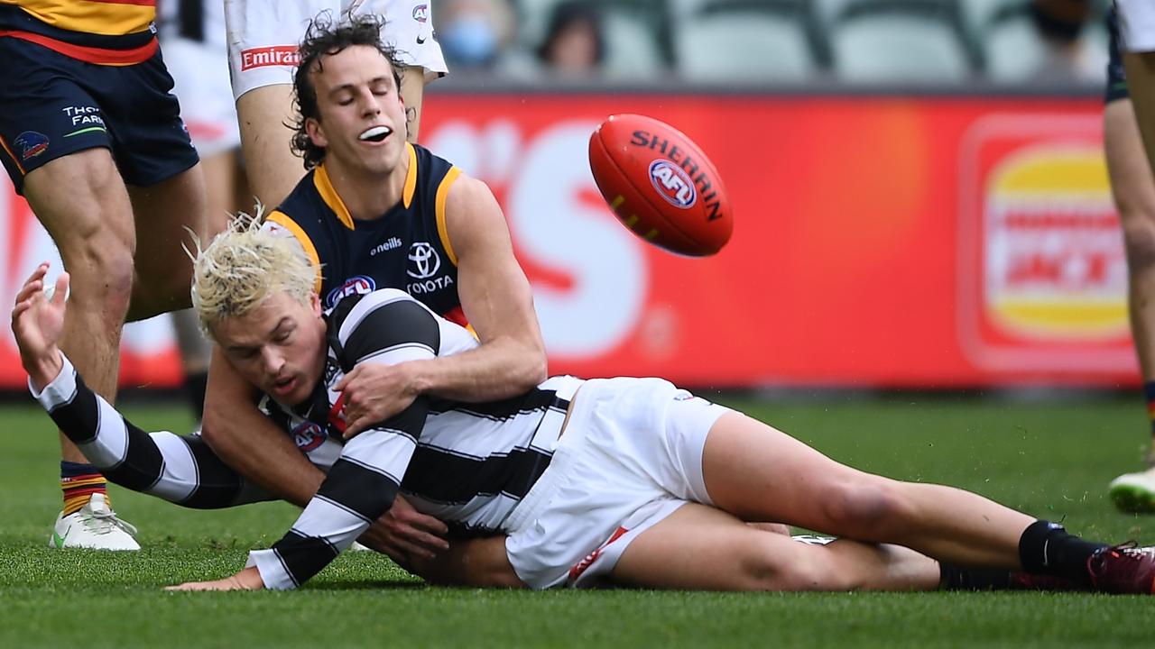 Jack Ginnivan isn’t get free kicks for high tackles anymore. (Photo by Mark Brake/Getty Images)