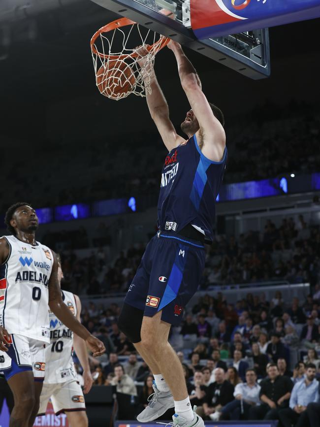 Humphries dunks the ball during an NBL match between Melbourne United and Adelaide 36ers. Picture: Getty Images