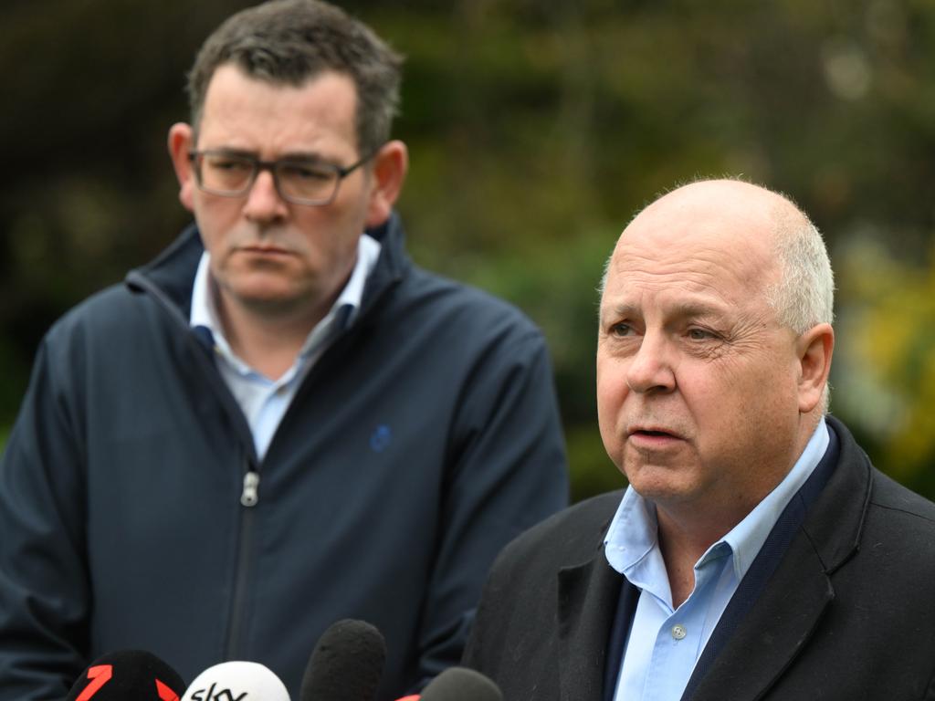 Premier Daniel Andrews and Treasurer Tim Pallas presser at Parliament Back Gardens, Victoria. Picture: Tony Gough