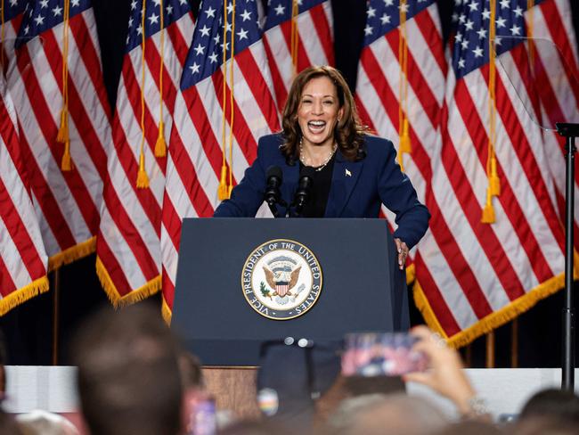 Kamala Harris has launched her own range of T-shirts and coffee mugs in the battle of the bling. Picture: AFP