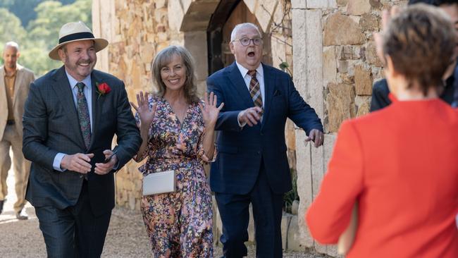 Alan Fletcher (as Karl Kennedy), Annie Jones (as Jane Harris), Ian Smith (as Harold Bishop) arrive at the wedding. Picture: Network 10