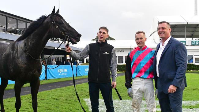 Antino with his trackwork rider Baylee Nothdurft, jockey Blake Shinn and trainer Tony Gollan after his Hollindale Stakes win. Picture: Bethany Allday/Trackside Photography