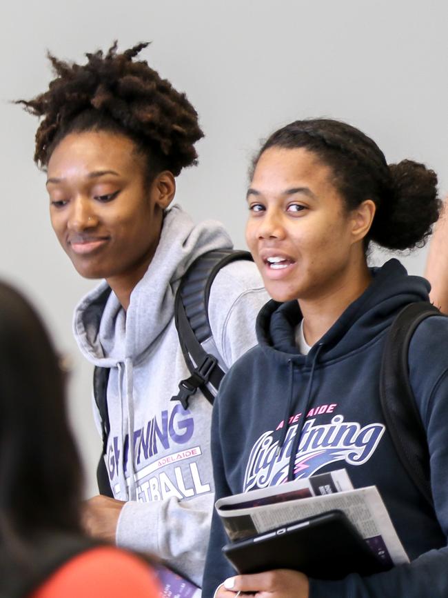 Adelaide Lightning imports Kayla Alexander and Nia Coffey arrive back in Adelaide. Picture: AAP Image/Russell Millard