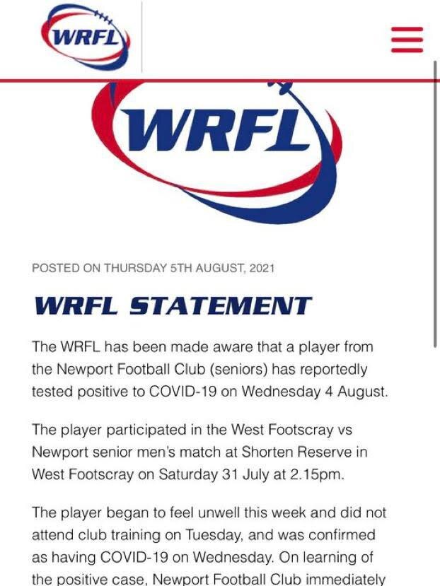 WRFL Covid statement from Newport club