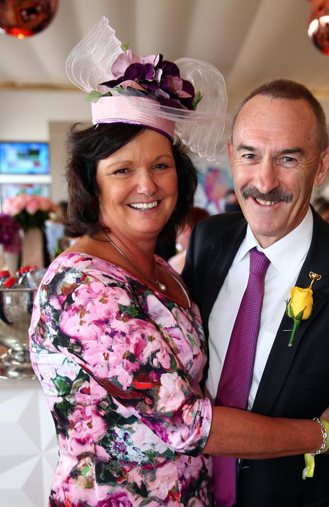 Ray Gunston with his wife Mandy in the Birdcage at Flemington Racecourse during the 2014 Melbourne Cup.