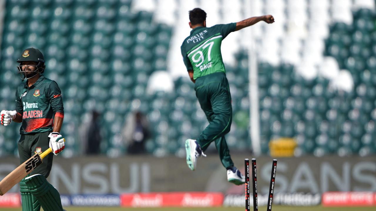 Pakistan's Haris Rauf celebrates after taking the wicket of Bangladesh's Towhid Hridoy. Photo by ASIF HASSAN / AFP