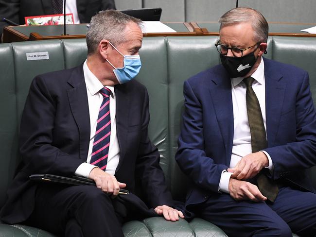 Australian Opposition Leader Anthony Albanese (right) speaks to former Australian Opposition Leader Bill Shorten Picture: AAP Image/Lukas Coch