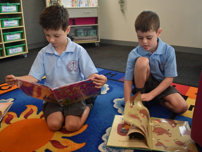 Kai Clark and Charlie Stoddart on their first day at St Gabriel's Primary School, Traralgon on January 30, 2025. Picture: Jack Colantuono