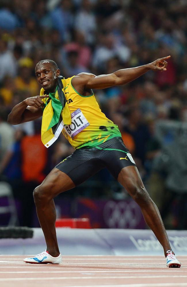 Usain Bolt in his trademark pose at London 2012