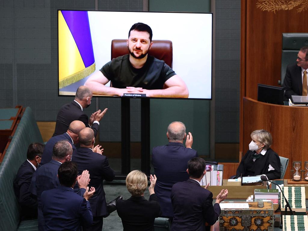 Ukrainian President Volodymyr Zelenskyy addressed the Australian Parliament in the House of Representatives last week. Picture: AFP