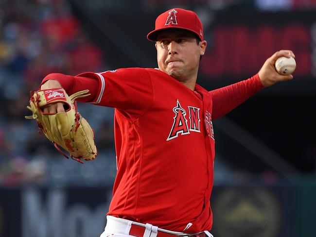 Tyler Skaggs #45 of the Los Angeles Angels pitches. America’s Major League Baseball has similar tough rules to the NBA. Picture: Getty Images/AFP