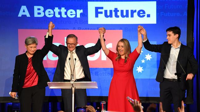 Penny Wong, Labor Leader Anthony Albanese, his partner Jodie Haydon and his son Nathan Albanese celebrate victory during the Labor Party election night event at Canterbury-Hurlstone Park RSL Club on May 21, 2022 in Sydney, Australia. Labor leader Anthony Albanese has claimed victory over Liberal Prime Minister Scott Morrison to become Australia's 31st Prime Minister. (Photo by James D. Morgan/Getty Images)