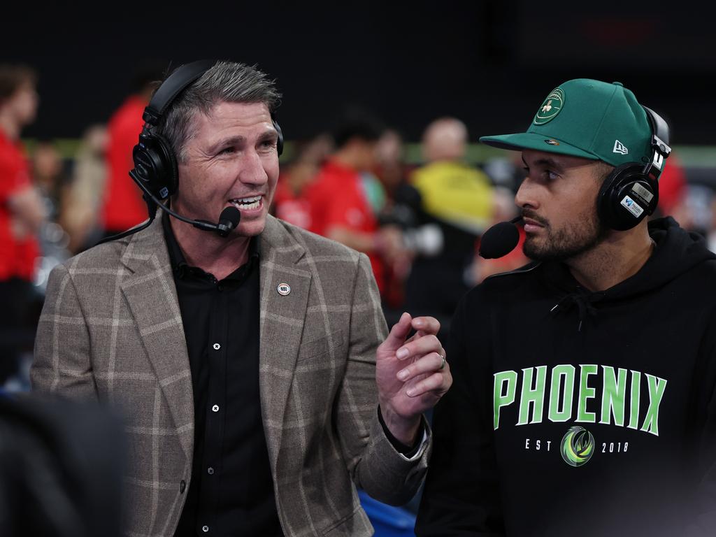 NBL great Damien Martin interviews Nick Kyrgios, who is a part-owner of South East Melbourne Phoenix. Picture: Getty Images