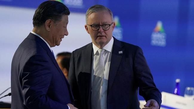 Xi Jinping talks with Anthony Albanese during the APEC Summit in San Francisco. Picture: Reuters