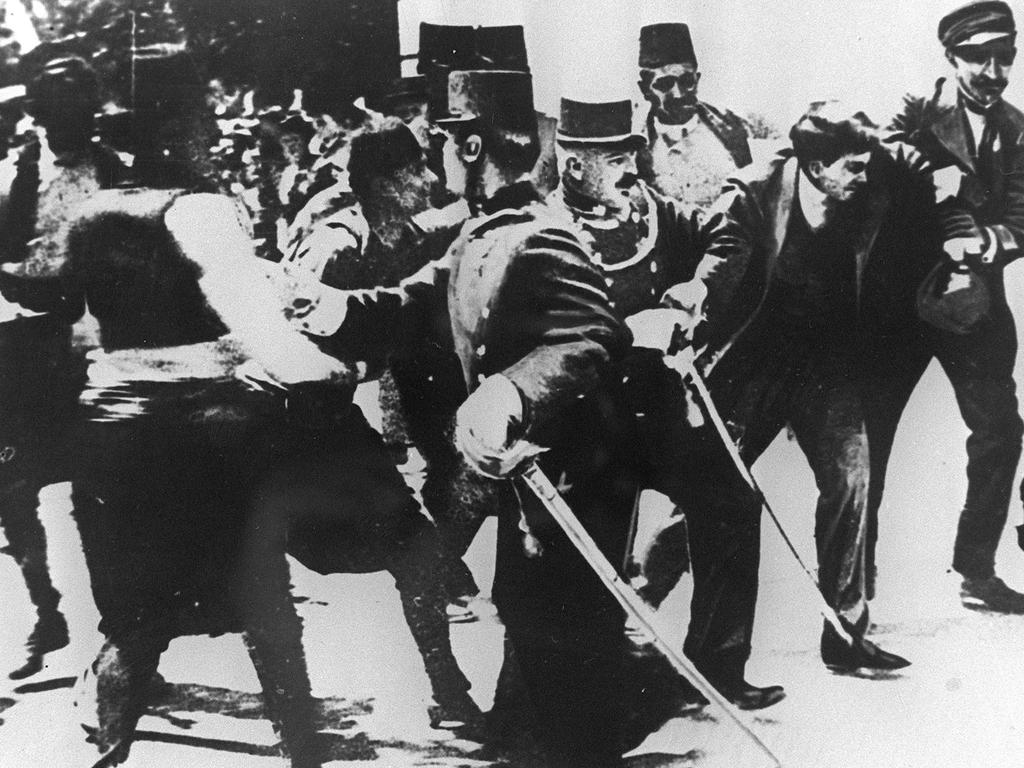 Serb nationalist Gavrilo Princip (second from right) is arrested after the assassination. Picture: AFP