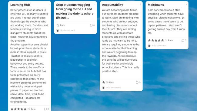 Posts by teachers on the Woodville High School internal staff survey. Supplied