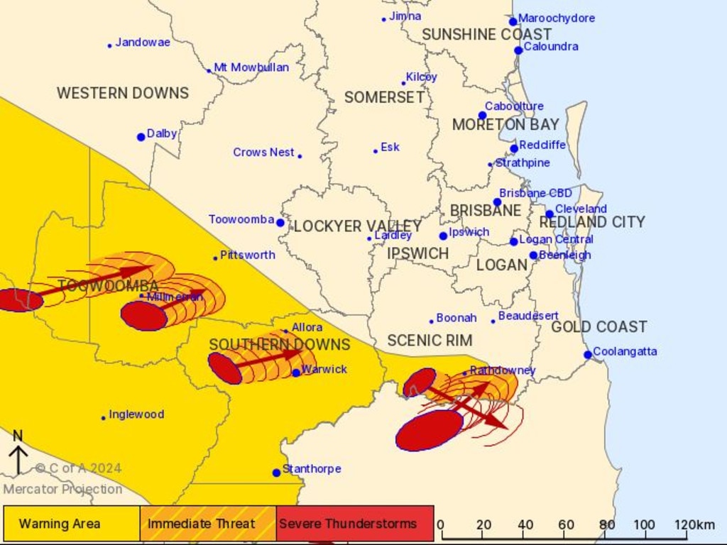 The initial BoM warning was issued at 4.12pm Sunday. It has since been updated.