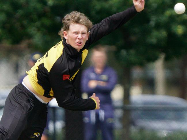 Premier Cricket 2023-24: Richmond v Ringwood at Central Reserve. Richmond bowler Reiley Mark. Picture: Valeriu Campan