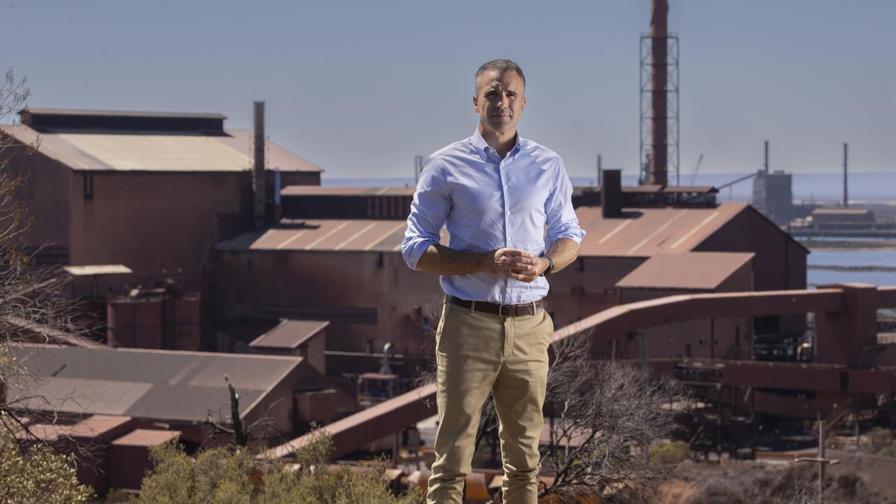 Premier Peter Malinauskas stands on Hummock Hill Lookout in Whyalla overlooking Whyalla Steelworks. Picture: Brett Hartwig