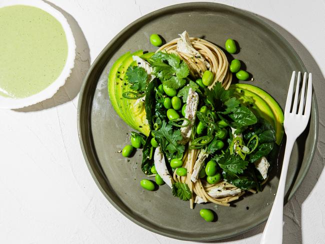 EMBARGO FOR TWAM 20 APRIL 2024. FEE MAY APPLY.Prawns and snap pea noodles and chicken noodles with sesame by Elizabeth Hewson. Photo: Nikki To