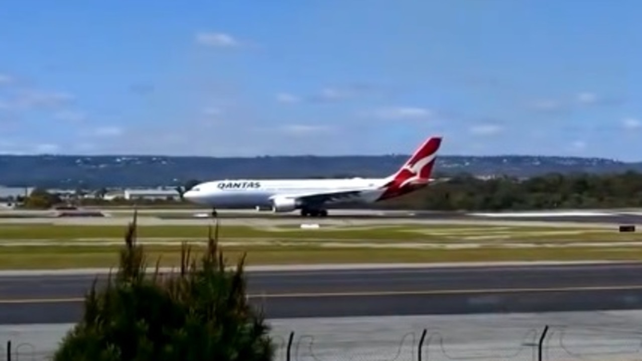 A Qantas plane tore up part of a runway during takeoff on Sunday at Perth Airport prompting urgent repair work. Picture: Instagram/YPPH Plane Guy