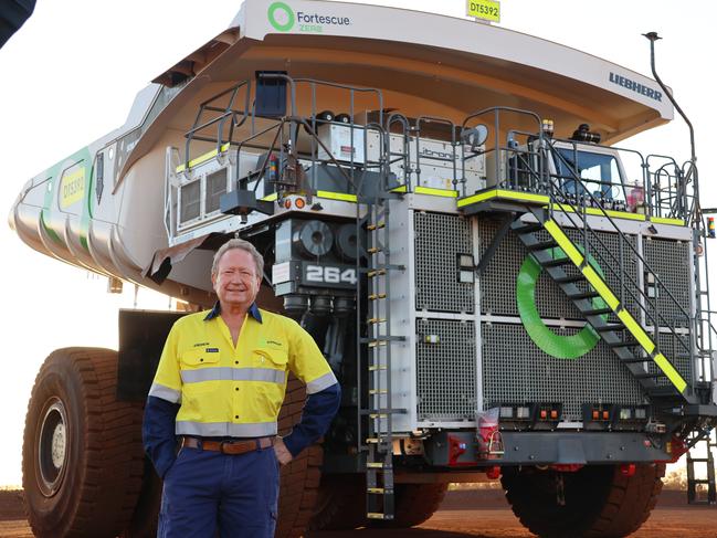 Andrew Forrest stands in front of the hydrogen-powered haul truck prototype, dubbed “Europa”. Picture: Mohammad Alfares