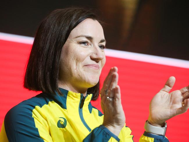 SYDNEY, AUSTRALIA : NewsWire Photos- AUGUST 14 2024 ; Chef de Mission Anna Meares onstage during the welcome home ceremony for The Australian Olympic Team who arrived home into Sydney on Qantas from Paris and are greeted by Prime Minister Anthony Albanese,  Qantas Group CEO Vanessa Hudson, and athletes' families with a special performance by Jessica Mauboy at Sydney airport. Picture: NewsWire / Gaye Gerard