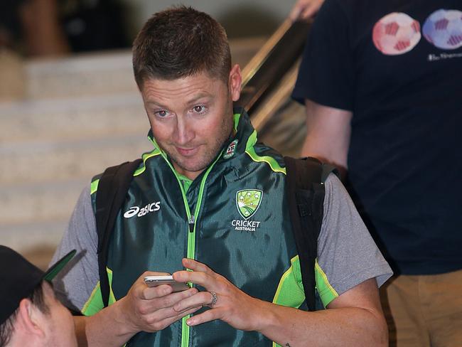 Michael Clarke arrives back in Sydney after re-injuring his hamstring in Perth.
