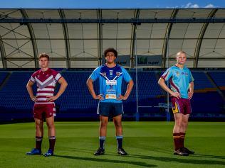 Titans Cup rugby league preview.  Jack Kelly, 17 (St Michael's College),  Aston Bai, 17 (Marymount College) and  Jack Hudson, 16 (Keebra Park SHS),  at Cbus Super Stadium, Robina.  Picture: Jerad Williams