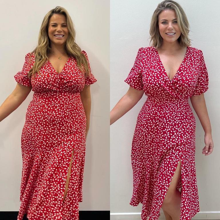 Fiona Falkiner, 38, shows of her 12kg weight loss after wearing the same dress she wore after giving birth in March. Picture: Instagram/FionaFalkiner