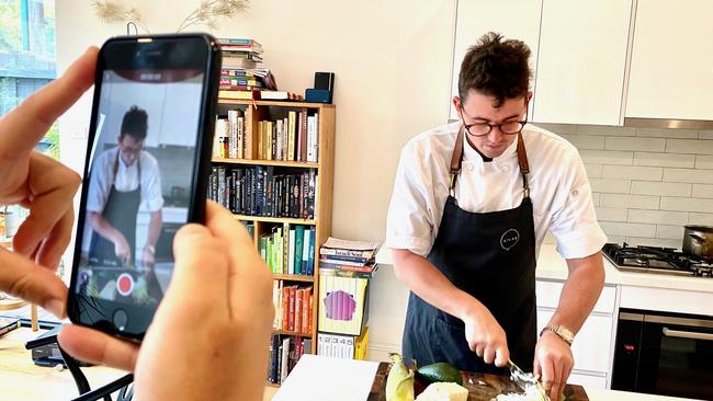 Chef Charlie Carrington taking an Atlas online cooking class.