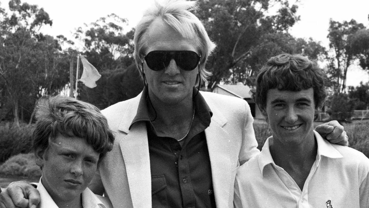Golfer Greg Norman with then junior golfers at the Longyard Course in Tamworth in 1988.