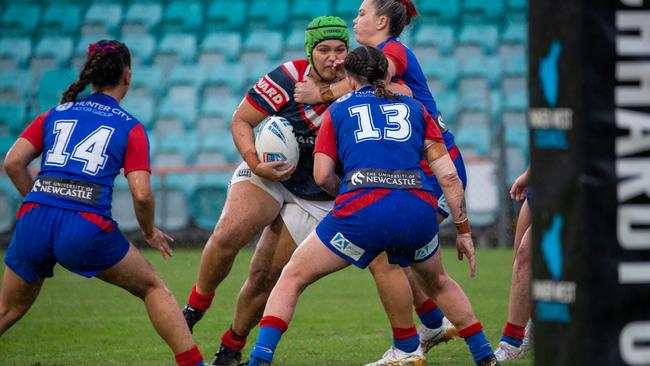 Moanalei Brown attacks for the Roosters. Picture: Thomas Lisson.