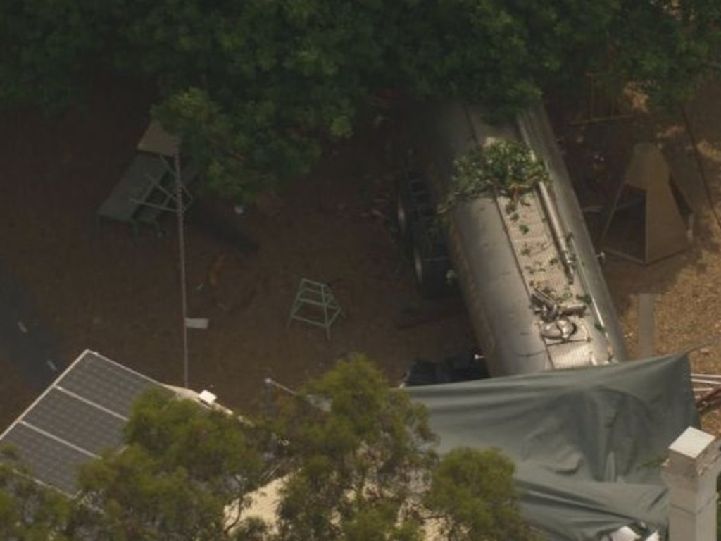 The water tanker crashed through the fence. Picture: Nine News